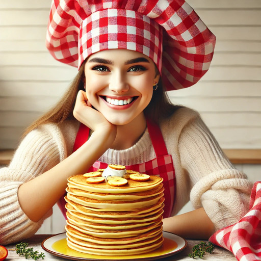 Забавный ИИ-шарж с персонажем в окружении блинов и масленичных атрибутов