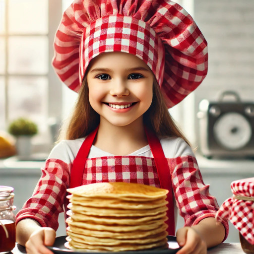 Забавный ИИ-шарж с персонажем в окружении блинов и масленичных атрибутов