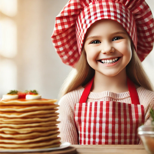 Забавный ИИ-шарж с персонажем в окружении блинов и масленичных атрибутов