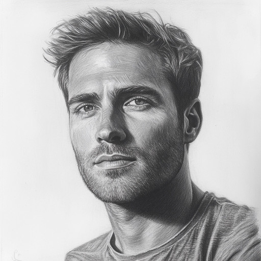 Реалистичный мужской портрет, выполненный карандашом с тщательной проработкой деталей лица и выразительным взглядом