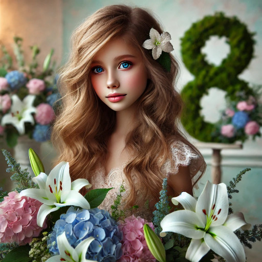 Красиво оформленный ИИ-портрет девочки в подарочной упаковке к 8 марта