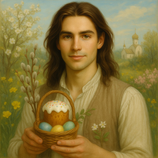 Семейный пасхальный портрет с куличами и крашеными яйцами