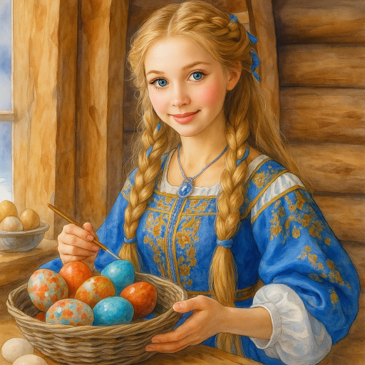 Семейный пасхальный портрет с куличами и крашеными яйцами