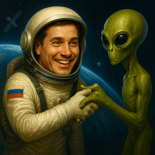 Шарж в стиле космонавта в скафандре на фоне звезд