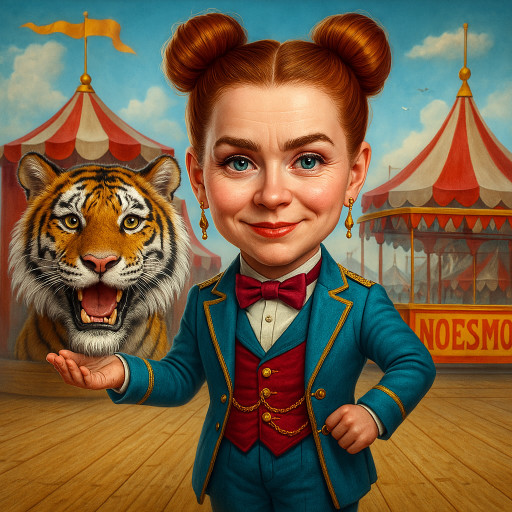 шарж клоун в цирковом образе с красным носом и ярким париком