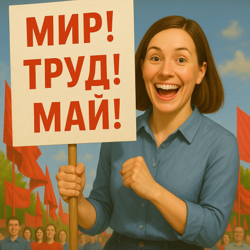 Первомайский портрет в стиле ИИ с цветущими ветвями и символами труда