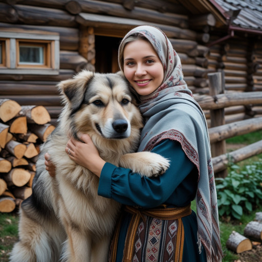 Женская фотография с домашними питомцами, сгенерированная ИИ