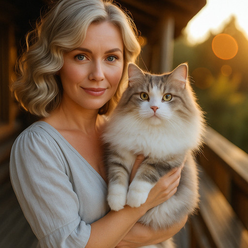 Женская фотография с домашними питомцами, сгенерированная ИИ
