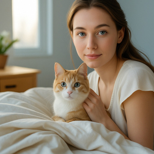 Красивая девушка с кошкой, созданная с помощью ИИ