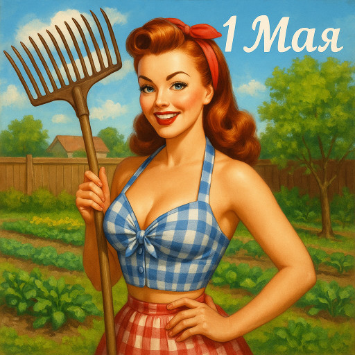 Первомайский портрет в стиле ИИ с цветущими ветвями и символами труда