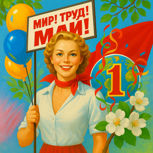 Яркий шарж к 1 мая с весенними мотивами и символикой праздника труда