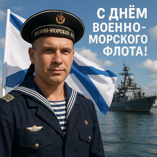 шарж моряка с якорем и кораблем на фоне