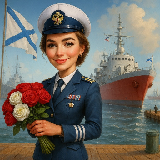 шарж моряка с якорем и кораблем на фоне