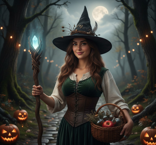 Шарж в образе ведьмы на Хэллоуин созданный ИИ