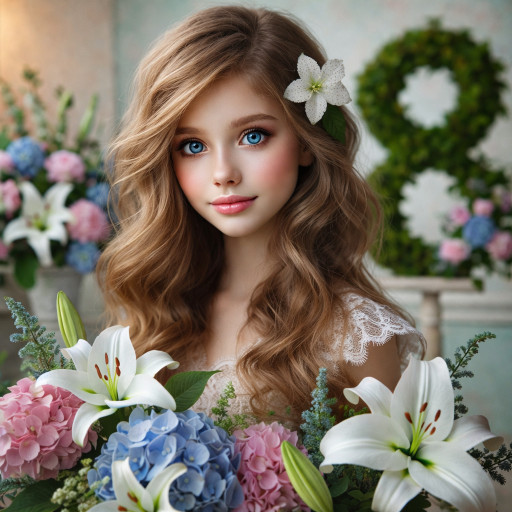 Красиво оформленный ИИ-портрет девочки в подарочной упаковке к 8 марта