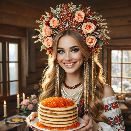 Забавный ИИ-шарж с персонажем в окружении блинов и масленичных атрибутов