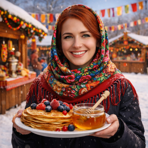 Яркий шарж на масленицу с блинами и народными гуляниями