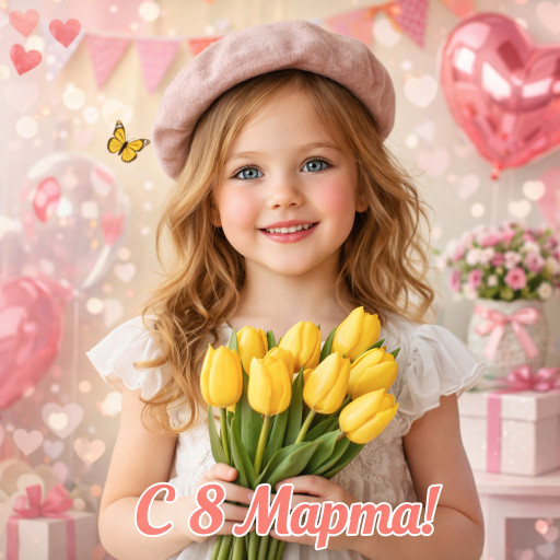 Красиво оформленный ИИ-портрет девочки в подарочной упаковке к 8 марта