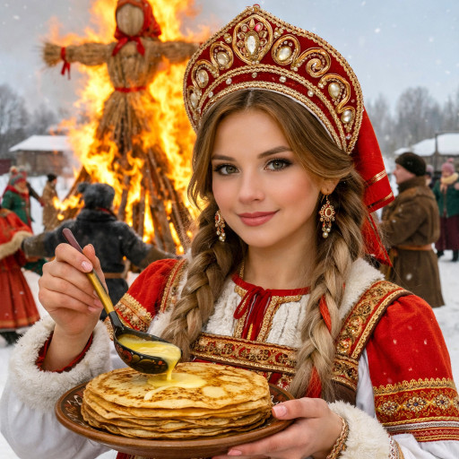 Забавный ИИ-шарж с персонажем в окружении блинов и масленичных атрибутов