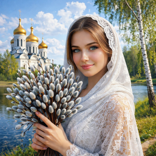 Семейный пасхальный портрет с куличами и крашеными яйцами