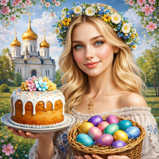 Пасхальный ИИ-портрет с праздничными элементами и яркими красками