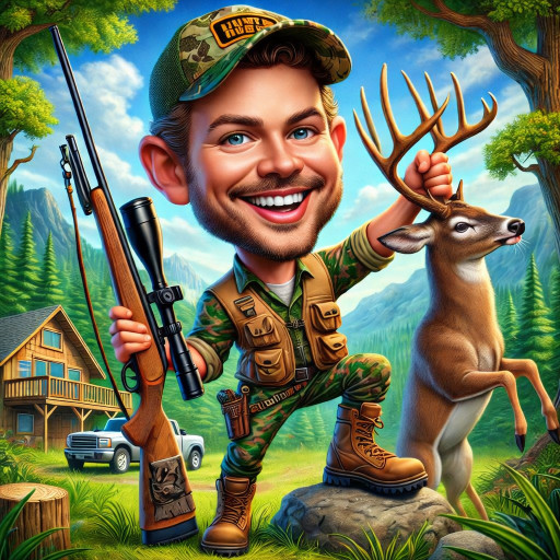 Забавный шарж охотника с ружьем и рыбака с огромным уловом у лесного озера