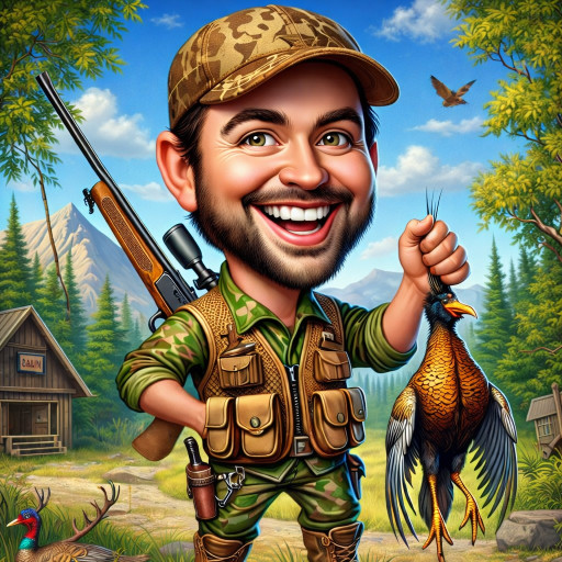 Групповой шарж охотников в лесу с трофеями и охотничьими собаками