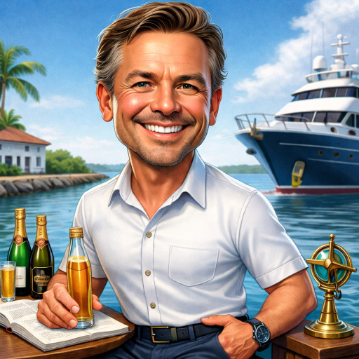 Детализированный шарж рыбака с профессиональными снастями и трофейной рыбой