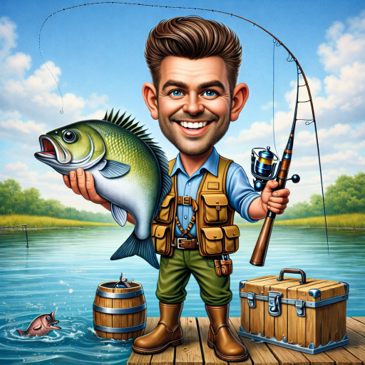 Детализированный шарж рыбака с профессиональными снастями и трофейной рыбой