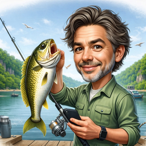 Детализированный шарж рыбака с профессиональными снастями и трофейной рыбой