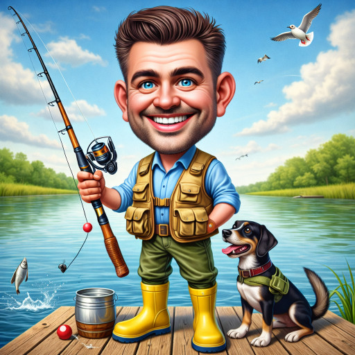 Групповой шарж охотников в лесу с трофеями и охотничьими собаками