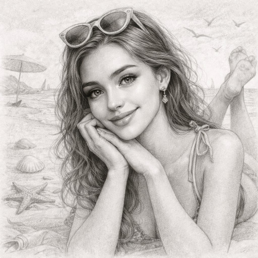 Изящный женский портрет, выполненный карандашом с мягкими линиями, передающими красоту и утонченность черт лица