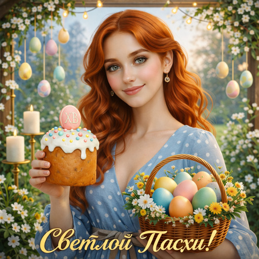 Семейный пасхальный портрет с куличами и крашеными яйцами