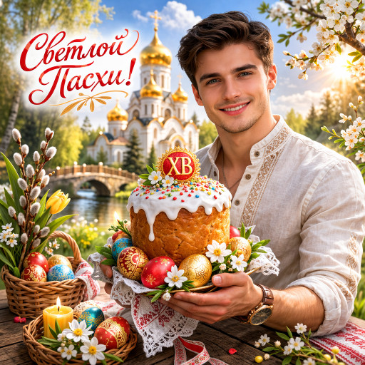 Пасхальный ИИ-портрет с праздничными элементами и яркими красками