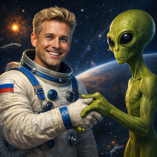 Шарж в стиле космонавта в скафандре на фоне звезд