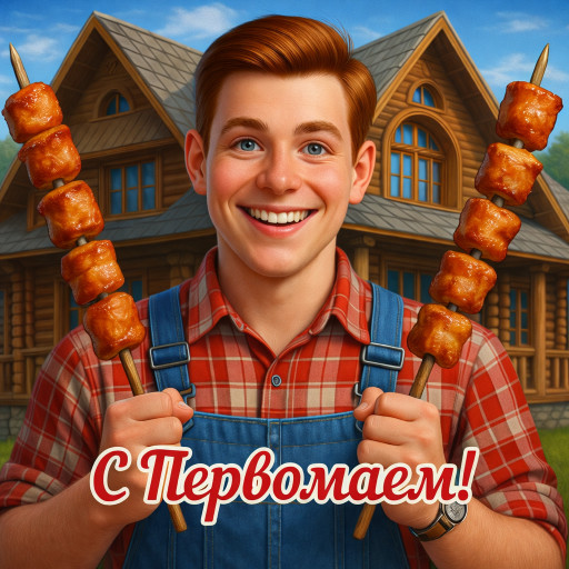 Первомайский портрет в стиле ИИ с цветущими ветвями и символами труда