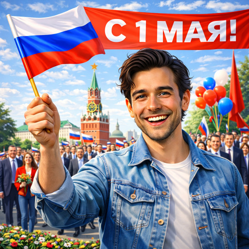 Яркий шарж к 1 мая с весенними мотивами и символикой праздника труда