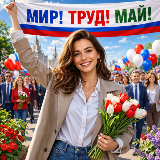 Яркий шарж к 1 мая с весенними мотивами и символикой праздника труда