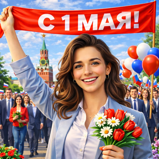 Семейный ИИ-портрет в стиле празднования 1 мая на природе