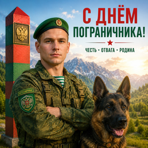 Шарж пограничника в зелёной фуражке с овчаркой