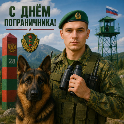 Героический портрет пограничника на заставе в стиле советского плаката