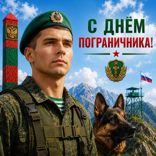 Шарж пограничника в зелёной фуражке с овчаркой