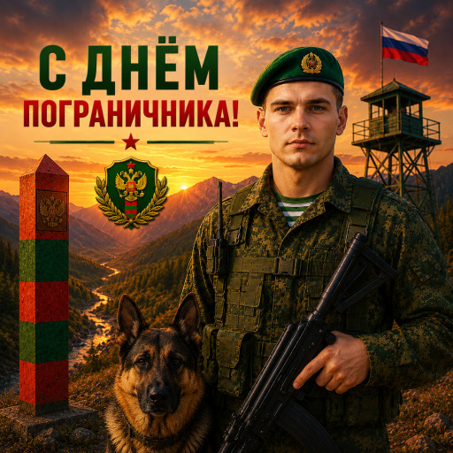 Шарж пограничника в зелёной фуражке с овчаркой