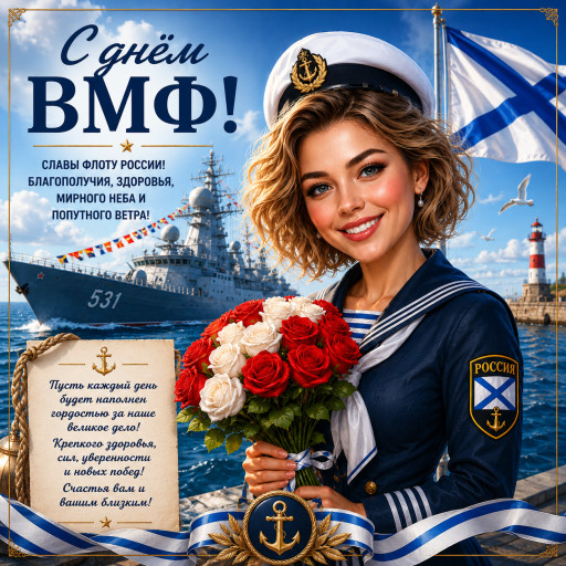шарж моряка с якорем и кораблем на фоне