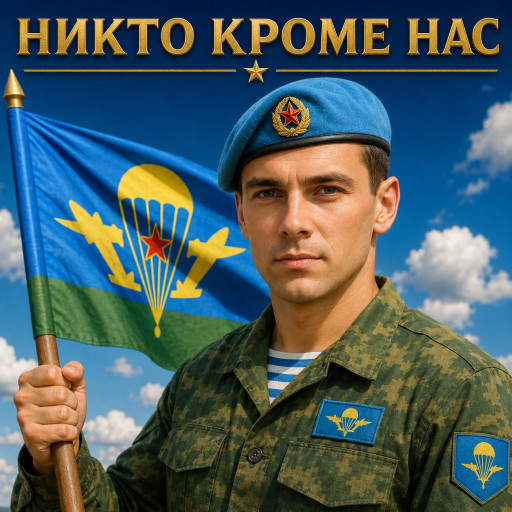 Портрет десантника в голубом берете на День ВДВ, созданный нейросетью по фото