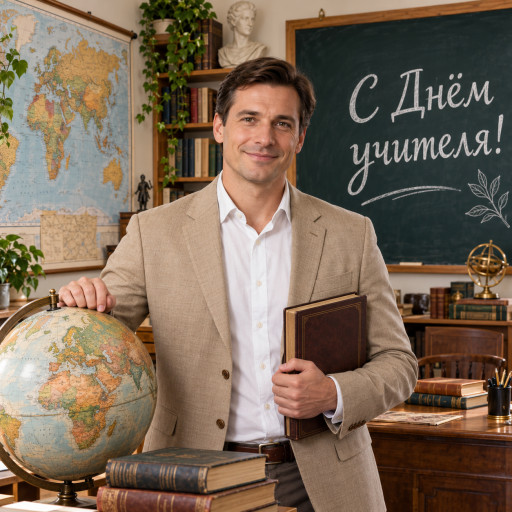 Портрет учительницы с тетрадями и цветами
