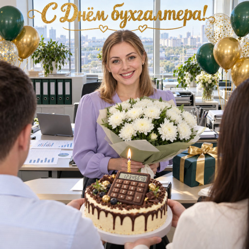 Коллеги поздравляют бухгалтера с праздником