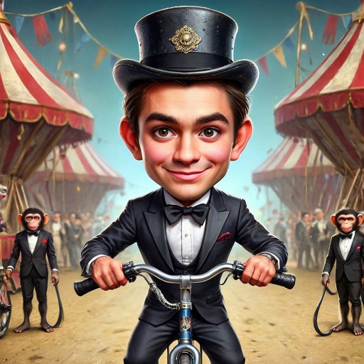 шарж клоун в цирковом образе с красным носом и ярким париком