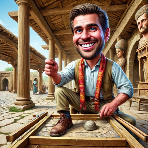 Шарж работника культуры с книгами и музыкальными инструментами