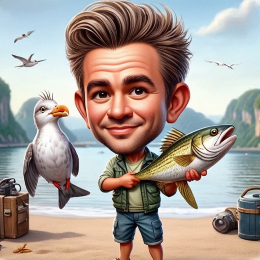 Детализированный шарж рыбака с профессиональными снастями и трофейной рыбой
